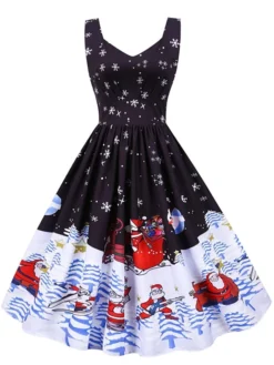 Women's Christmas Knee Length Dress Purple Black Red Navy Blue Light Blue Sleeveless Print Bow Print Fall Winter V Neck Casual Vintage2021 S M L XL XXL -HANs Plus Size Style Shop xqzryw1630043269118