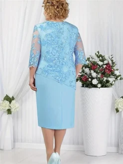 Women's Plus Size Party Dress Lace Dress Cocktail Dress Midi Dress Pink Blue Green 3/4 Length Sleeve Pure Color Lace Spring Fall Winter Crew Neck Fashion Winter Dress Wedding Guest Vacation 2023 L XL -HANs Plus Size Style Shop xrbnjy1693806683372