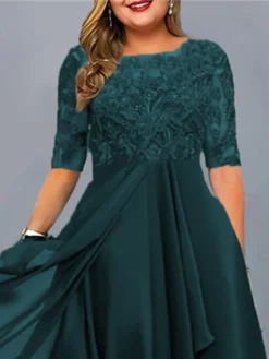 Women‘s Plus Size Curve Casual Dress Solid Color Crew Neck Lace Half Sleeve Spring Fall Casual Midi Dress Daily Vacation Dress -HANs Plus Size Style Shop xrcqtj1694483620319