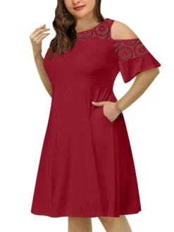 Women‘s Plus Size Curve Casual Dress Solid Color Crew Neck Lace Half Sleeve Fall Spring Casual Knee Length Dress Casual Daily Dress -HANs Plus Size Style Shop xrctrs1656060138947