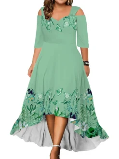 Women‘s Plus Size Curve Party Dress Wedding Guest Dress Swing Dress Long Dress Maxi Dress Pink Blue Green 3/4 Length Sleeve Floral Cold Shoulder Summer Spring Fall V Neck Fashion Birthday -HANs Plus Size Style Shop xrffsu1690280940501