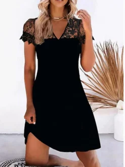Women's Casual Dress Mini Dress Black Half Sleeve Pure Color Lace Summer Spring V Neck Fashion Vacation 2023 S M L XL 2XL XXXL
