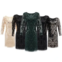 Women's Retro 1920s Sequin Dress Midi Dress Party Halloween Sequins Patchwork Leaf V Neck Long Sleeve Regular Fit Spring Fall 2023 Black Gold S M L XL