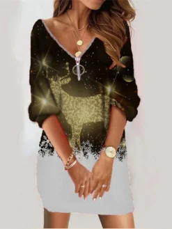 Women‘s Christmas Sweatshirt Dress Winter Dress Short Mini Dress Yellow Gold Red White Black Long Sleeve Cat Santa Claus Elk Zipper Print Fall V Neck Vacation Casual Loose Fit 2022 S M L XL XXL -HANs Plus Size Style Shop xrlapo1664281869811