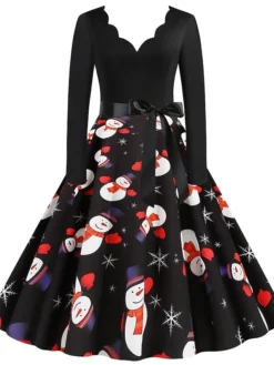 Women's Christmas Knee Length Dress Black Long Sleeve Print Print Winter V Neck Active3D Print S M L XL XXL XXXL -HANs Plus Size Style Shop xrpfqd1630900716077 1