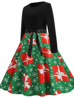 Women's Christmas Casual Dress Swing Dress Midi Dress Green Light Green Red Long Sleeve Santa Claus Elk Snowman Bow Print Winter Fall V Neck Vacation Vintage 2022 S M L XL XXL 3XL -HANs Plus Size Style Shop xrpszk1666762311492