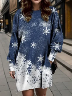 Women's Casual Dress Sweatshirt Dress Mini Dress Warm Fashion Outdoor Christmas Holiday Crew Neck Pocket Print Snowflake Loose Fit Blue S M L XL XXL