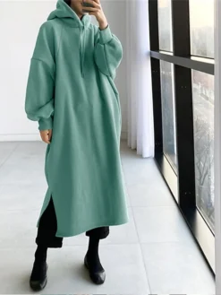 Women's Casual Dress Hoodie Dress Long Dress Maxi Dress Active Daily Outdoor Holiday Vacation Hoodie Solid Color Loose Fit ArmyGreen Black Green S M L XL XXL -HANs Plus Size Style Shop xrubsa1695027790690