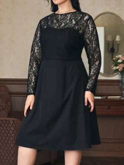Women's Plus Size Curve Party Dress Lace Dress Black Dress Plain Midi Dress Long Sleeve Lace Crew Neck Fashion Party Black Fall Winter L XL XXL 3XL 4XL -HANs Plus Size Style Shop xsccwl1694151477750