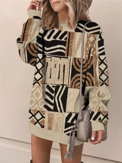 Women's Casual Dress Sweatshirt Dress Mini Dress Warm Daily Outdoor Vacation Going Out Crew Neck Print Geometric Loose Fit Blue Brown Green S M L XL XXL