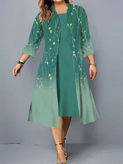 Women's Plus Size Curve Casual Dress Dress Set Two Piece Dress Floral Midi Dress 3/4 Length Sleeve Print Crew Neck Fashion Outdoor Navy Blue Fuchsia Fall Winter L XL XXL 3XL 4XL -HANs Plus Size Style Shop xsrpbp1695103064737