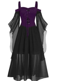 Women's Plus Size Curve Prom Dress Party Dress Vintage Dress Long Dress Maxi Dress Black Blue Purple Long Sleeve Pure Color Drawstring Spring Fall Winter Spaghetti Strap Vintage Halloween -HANs Plus Size Style Shop xsuchm1692177201565