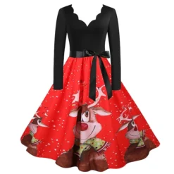 Women's Christmas Knee Length Dress Gray White Black Red Brown Long Sleeve Print Bow Print Fall Winter V Neck Casual Vintage2021 S M L XL XXL 3XL -HANs Plus Size Style Shop xtedex1629971763207