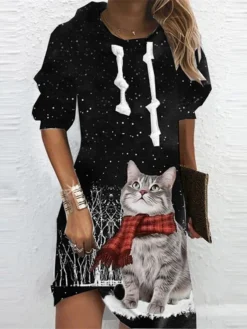 Women's Christmas Hoodie Dress Winter Dress Mini Dress Black Gold Gray Long Sleeve Animal Cat Tree Print Winter Fall Hooded Vacation Casual 2022 S M L XL XXL 3XL -HANs Plus Size Style Shop xtspml1666927863370