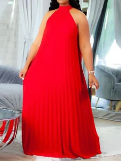 Women's Plus Size Curve Shift Dress Solid Color Halter Neck Ruched Sleeveless Spring Summer Basic Maxi Long Dress Casual Daily Dress -HANs Plus Size Style Shop xtxhos1654676764850