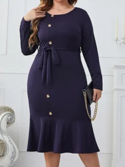 Women‘s Plus Size Curve Work Dress Sheath Dress Semi Formal Dress Fashion Midi Dress Lace Up Ruffle Crew Neck Long Sleeve Plain Regular Fit Navy Blue Spring Fall XL XXL 3XL 4XL -HANs Plus Size Style Shop xuagbz1692089357184
