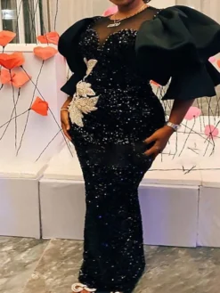 Women‘s Plus Size Curve Party Dress Leaf Crew Neck Sequins 3/4 Length Sleeve Spring Fall Stylish Elegant Prom Dress Maxi Long Dress Formal Party Dress Sequin Dress Mesh -HANs Plus Size Style Shop xuizkh1663060573517