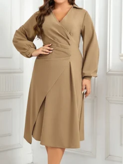 Women's Plus Size Curve Work Dress A Line Dress Plain Midi Dress Long Sleeve Ruched V Neck Fashion Office Khaki Fall Winter XL XXL 3XL 4XL -HANs Plus Size Style Shop xukghf1695279807275