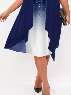 Women's Plus Size Curve Party Dress Sequin Dress Cocktail Dress Gradient Midi Dress Half Sleeve Patchwork Fake Two Piece Crew Neck Fashion Party Blue Fall Winter L XL XXL 3XL 4XL -HANs Plus Size Style Shop xulosp1694487739110