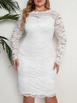 Women‘s Plus Size Curve Party Dress Lace Dress Sheath Dress Solid Color Midi Dress Long Sleeve Lace Crew Neck Modern Party White Summer Spring XL XXL 3XL 4XL 5XL -HANs Plus Size Style Shop xuowrp1678868084280