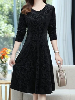 Women's Christmas Dress Casual Dress Velvet Dress Midi Dress Pocket Outdoor Christmas Street Fashion Elegant V Neck Long Sleeve 2023 Loose Fit Black Wine Blue Color XL XXL 3XL 4XL 5XL Size -HANs Plus Size Style Shop xuwizt1695207034970
