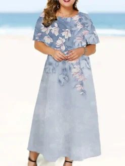 Women‘s Plus Size Curve Casual Dress Floral Long Dress Maxi Dress Short Sleeve Print Crew Neck Fashion Outdoor Red Dark Blue Summer Spring L XL XXL 3XL 4XL -HANs Plus Size Style Shop xuxitj1677653324708