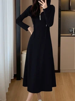 Women's Casual Dress Hoodie Dress Midi Dress Fashion Daily Outdoor Vacation Going Out Hoodie Zipper Solid Color Regular Fit Black Gray S M L XL -HANs Plus Size Style Shop xuxrpm1696674372989