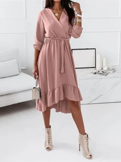 Women‘s Curve Sheath Dress Knee Length Dress Green Black Pink Light Blue Long Sleeve Solid Color Lace Up Ruffle Plus High Low Fall Spring V Neck Elegant Vintage Party Loose 2023 S M L XL XXL 3XL -HANs Plus Size Style Shop xvlpml1635330869238