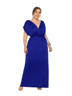 Women's Plus Size Party Dress Solid Color V Neck Short Sleeve Summer Spring Elegant Casual Prom Dress Maxi Long Dress Party Daily Dress -HANs Plus Size Style Shop xvqyjs1636535427571