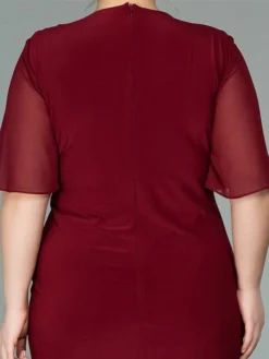 Women‘s Plus Size Curve Party Dress Cocktail Dress Wedding Guest Dress Midi Dress Wine Half Sleeve Pure Color Beads Summer Spring Fall V Neck Fashion Birthday Wedding Guest Vacation 2023 -HANs Plus Size Style Shop xvwiup1691399674627