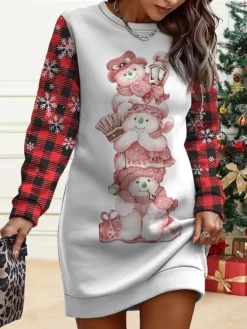 Women‘s Christmas Casual Dress Sweatshirt Dress Mini Dress Warm Fashion Outdoor Holiday Crew Neck Print Animal Santa Claus Tree Loose Fit Black Burgundy Green S M L XL XXL