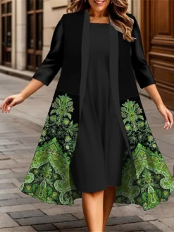 Women's Plus Size Curve Casual Dress Dress Set Two Piece Dress Floral Midi Dress 3/4 Length Sleeve Print Crew Neck Fashion Outdoor Yellow Blue Fall Winter L XL XXL 3XL 4XL -HANs Plus Size Style Shop xweqtf1695362719214