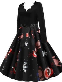 Women's Christmas Knee Length Dress Wine Green Orange Black Red Brown Navy Blue Long Sleeve Print Bow Print Fall Winter V Neck Casual Vintage2021 S M L XL XXL 3XL -HANs Plus Size Style Shop xwfobf1629971432273