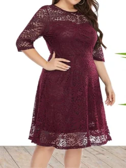 Women's Plus Size Curve Party Dress Lace Dress Sheath Dress Solid Color Midi Dress 3/4 Length Sleeve Lace Crew Neck Fashion Wedding Black White Spring Fall XL XXL 3XL 4XL 5XL