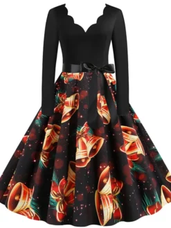 Women's Christmas Knee Length Dress Wine Green Orange Black Red Brown Navy Blue Long Sleeve Print Bow Print Fall Winter V Neck Casual Vintage2021 S M L XL XXL 3XL -HANs Plus Size Style Shop xwickt1629971428009