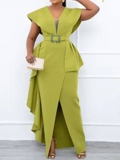 Women's Plus Size Curve Party Dress Solid Color V Neck Short Sleeve Spring Summer Prom Dress Maxi Long Dress Party Dress -HANs Plus Size Style Shop xwihzo1663048415541
