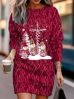 Women's Christmas Casual Dress Sweatshirt Dress Mini Dress Warm Fashion Outdoor Vacation Crew Neck Print Santa Claus Christmas Tree Print Loose Fit Wine Red Burgundy S M L XL XXL -HANs Plus Size Style Shop xwlnrt1695349335632