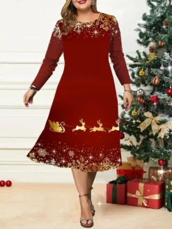 Women's Christmas Plus Size Curve Casual Dress Skater Dress A Line Dress Santa Claus Gradient Midi Dress Long Sleeve Print Crew Neck Fashion Outdoor Black White Fall Winter L XL XXL 3XL 4XL -HANs Plus Size Style Shop xwmjgs1695264754207