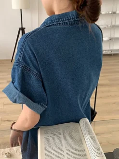 Women's Shift Dress Denim Shirt Dress Midi Dress Denim Fashion Casual Outdoor Daily Vacation Shirt Collar Button Pocket Short Sleeve Summer Spring Fall 2023 Loose Fit Blue Plain S M L XL -HANs Plus Size Style Shop xwpqxf1677036648805