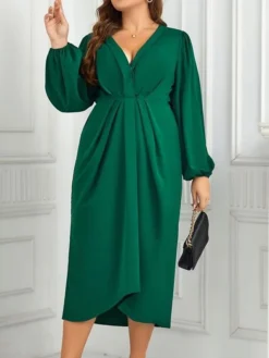 Women's Plus Size Curve Casual Dress A Line Dress Plain Midi Dress Long Sleeve Ruched V Neck Fashion Outdoor Green Fall Winter XL XXL 3XL 4XL -HANs Plus Size Style Shop xwqebg1695279810195