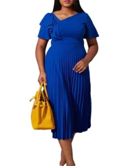 Women‘s Plus Size Curve Party Dress Solid Color V Neck Ruched Short Sleeve Fall Spring Work Prom Dress Maxi Long Dress Party Holiday Dress Ruffle -HANs Plus Size Style Shop xwywnp1648636999291
