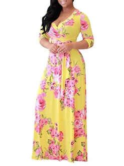 Women‘s Plus Size Curve Holiday Dress Floral V Neck Print Half Sleeve Fall Spring Casual Maxi Long Dress Casual Vacation Dress -HANs Plus Size Style Shop xxaoqh1624869218660