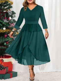Women's Christmas Plus Size Curve Winter Dress Casual Dress Chiffon Dress Plain Midi Dress Long Sleeve Ruffle Layered V Neck Fashion Christmas Green Fall Winter L XL XXL 3XL 4XL