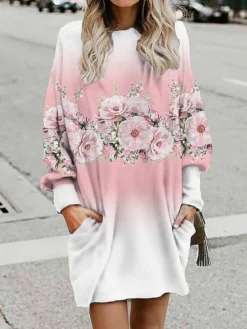 Women's Casual Dress Sweatshirt Dress Mini Dress Warm Fashion Outdoor Holiday Vacation Crew Neck Pocket Print Floral Loose Fit Black White Pink S M L XL XXL -HANs Plus Size Style Shop xxoxyl1695868384554