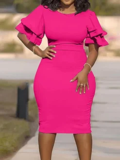 Women‘s Plus Size Curve Work Dress Bodycon Sheath Dress Solid Color Midi Dress Short Sleeve Ruffle Crew Neck Fashion Office Black White Summer Spring XL XXL 3XL 4XL 5XL -HANs Plus Size Style Shop xyhxzc1677650842227