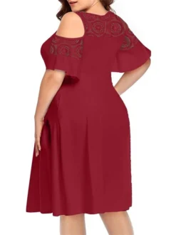 Women‘s Plus Size Curve Casual Dress Solid Color Crew Neck Lace Half Sleeve Fall Spring Casual Knee Length Dress Casual Daily Dress -HANs Plus Size Style Shop xyibdi1656060139312