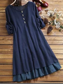 Women's Casual Dress Shift Dress Plain Dress Plain Ruched Ruffle Crew Neck Midi Dress Basic Classic Outdoor Daily 3/4 Length Sleeve Loose Fit Dark Blue Spring Summer S M L XL XXL -HANs Plus Size Style Shop xymyiu1676288705126