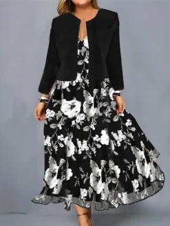 Women‘s Plus Size Curve Two Piece Dress Set Casual Dress Chiffon Dress Outdoor Daily Fashion Elegant Print Long Dress Maxi Dress V Neck Long Sleeve Floral Regular Fit Black Summer Spring -HANs Plus Size Style Shop xypzpq1690946619018