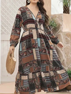 Women's Plus Size Curve Work Dress Swing Dress Semi Formal Dress Fashion Long Dress Maxi Dress Print V Neck Long Sleeve Geometric Paisley Regular Fit Khaki Fall Winter L XL XXL 3XL 4XL -HANs Plus Size Style Shop xyrkba1693280730019