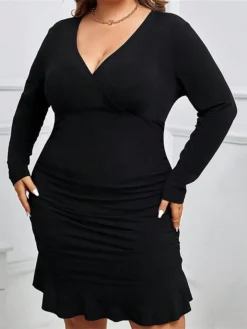 Women's Plus Size Curve Party Dress Bodycon Sheath Dress Plain Midi Dress Long Sleeve Ruched Ruffle V Neck Fashion Party Black Fall Winter XL XXL 3XL -HANs Plus Size Style Shop xyzixm1695026156446